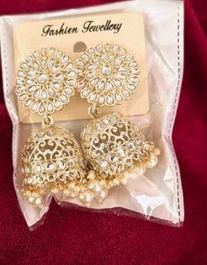 White Embroidery Anarkali With Jhumkas