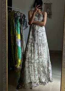 Printed Beige Golden Chiffon Round Neck MAXI