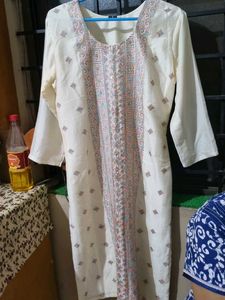 Cream Sequins Embroidery Kurta Set With Dupatta