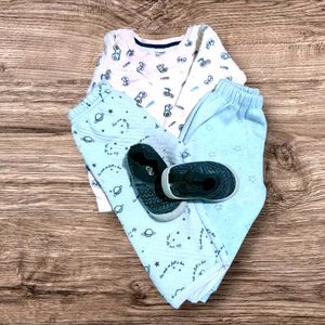 Unisex Yello Green Knit Baby Shoes Combo