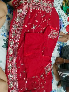 Red Embroidered Saree with Blouse Piece
