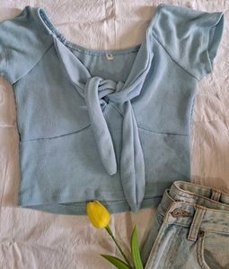 Blue Tie-Front Crop Top