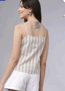 Beige Pure Cotton, Formal and Casual Striped Top