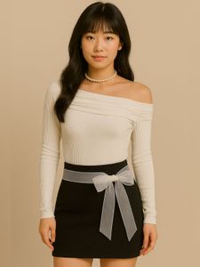 Off shoulder Crop Top Bow Accent Black Skirt Set