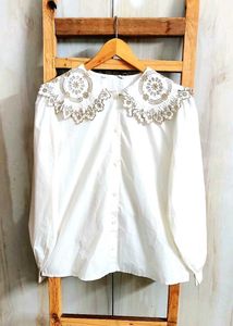 Embroidered Collar Button-Down Top Size-42