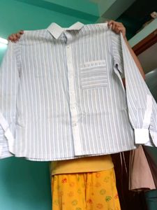 White Blue Casual Full Cotton Shirt