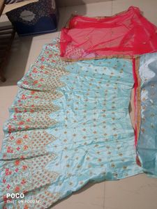 Sky Blue Pink Semi Stitched Lehenga Choli