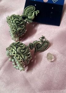 Silver Peacock Jhumka Earrings
