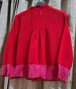 Red Pleated Blouse with Lace Hem