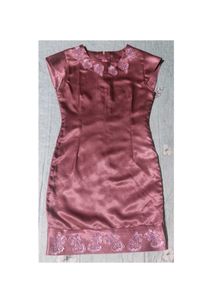 Elegant Mauve Satin Dress with Floral Embroidery