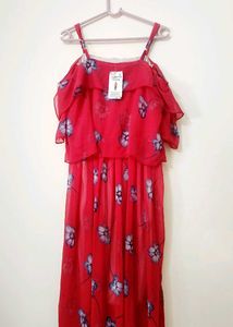 🌺 Elegant Red Floral Off-Shoulder Maxi Dress – Ga