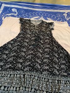 V Neck Puff Slv Black&white Prntd Crepe Dress