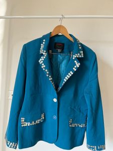 Aqua Blue Single Breasted Blazer with Sequins Bead