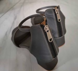 Gray Ankle Strap Block Heels