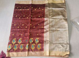Striking Orange and Black Striped Silk Saree