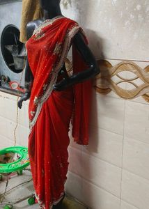 Red Georgette Saree Beads And Seep Work