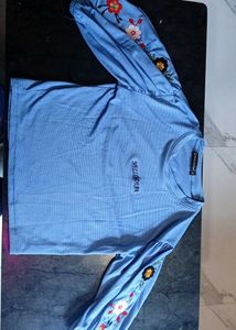 Blue Floral Embroidered Long Sleeve Top