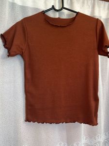 Ribbed Brown Frill Hem Top