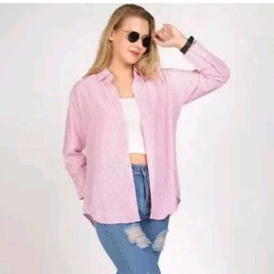 Fancy Striped Long Sleeeve Collar Pink Women Shirt