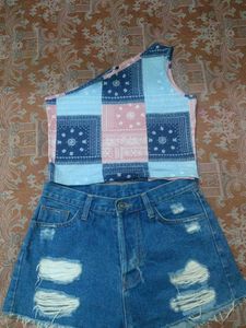 Distressed Denim Shorts & Patchwork Top Set