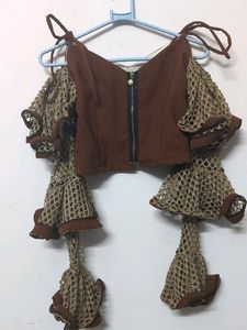 Unique Brown Crochet Sleeve Top