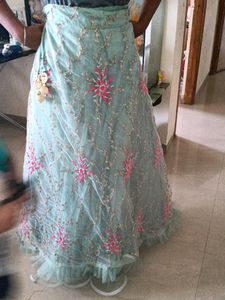 Pink And Sea Green Lehnga With Dupatta