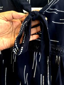 Nevy Blue bow tie neck and lace work top