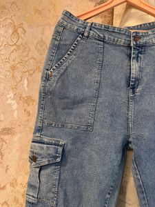 Trendy Wide Leg Cargo Jeans, Waist- 30