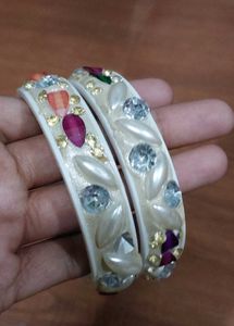 Off White Heavy Bangles With Crystal Work