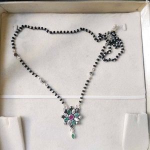 PureSilver Single Line Green&Pink Stone Mangalsutr