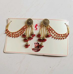 Gold &amp; Red Jhumka Ear Chain Earrings