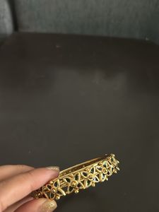 Set Of 2 Bangles Golden With Green Studs Design