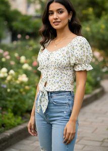 Charming White Floral Puff Sleeve Crop Top | Tie F