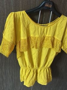 Yellow Lace Trim Peplum Top