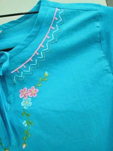 Embroidered Teal Top with Tie Neck