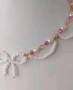 Pearl &amp; Pink Bead Bow Necklace