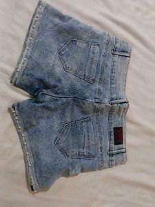 Denim Shorts with Pearl Detail