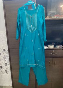 Teal Embroidered Kurta Set Handstiched