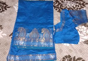 Blue Cotton Silk Saree with Silver Detail
