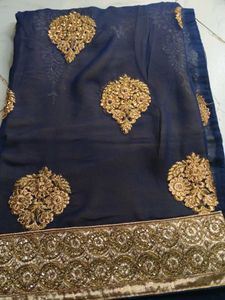 Elegant Blue Nude Saree with Gold embroidery