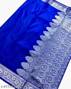 Elegant Blue &amp; Silver Saree Banarasi Satan