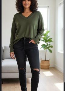 Oversized Green V-Neck Pullover Sweater