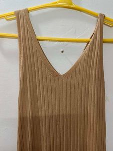 Tan Ribbed Knit Midi Dress