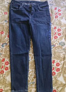 Navy Blue One Sided Embroidery Jeans