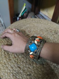 Vintage Pure Brass Stone Cuff Bracelet (Kada)