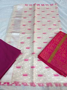 Cream and Bright Pink Banarasi suit