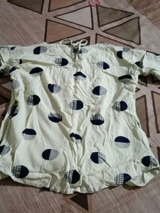 Stylish Cream and Blue Dot Top with Flower Design