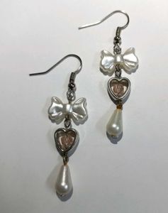 Handmade Pearl Bow Earrings with Heart and Drop