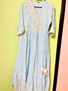 Blue Anarkali with mirror work