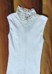 Women White Lace Neck Design Cotton Casual Top